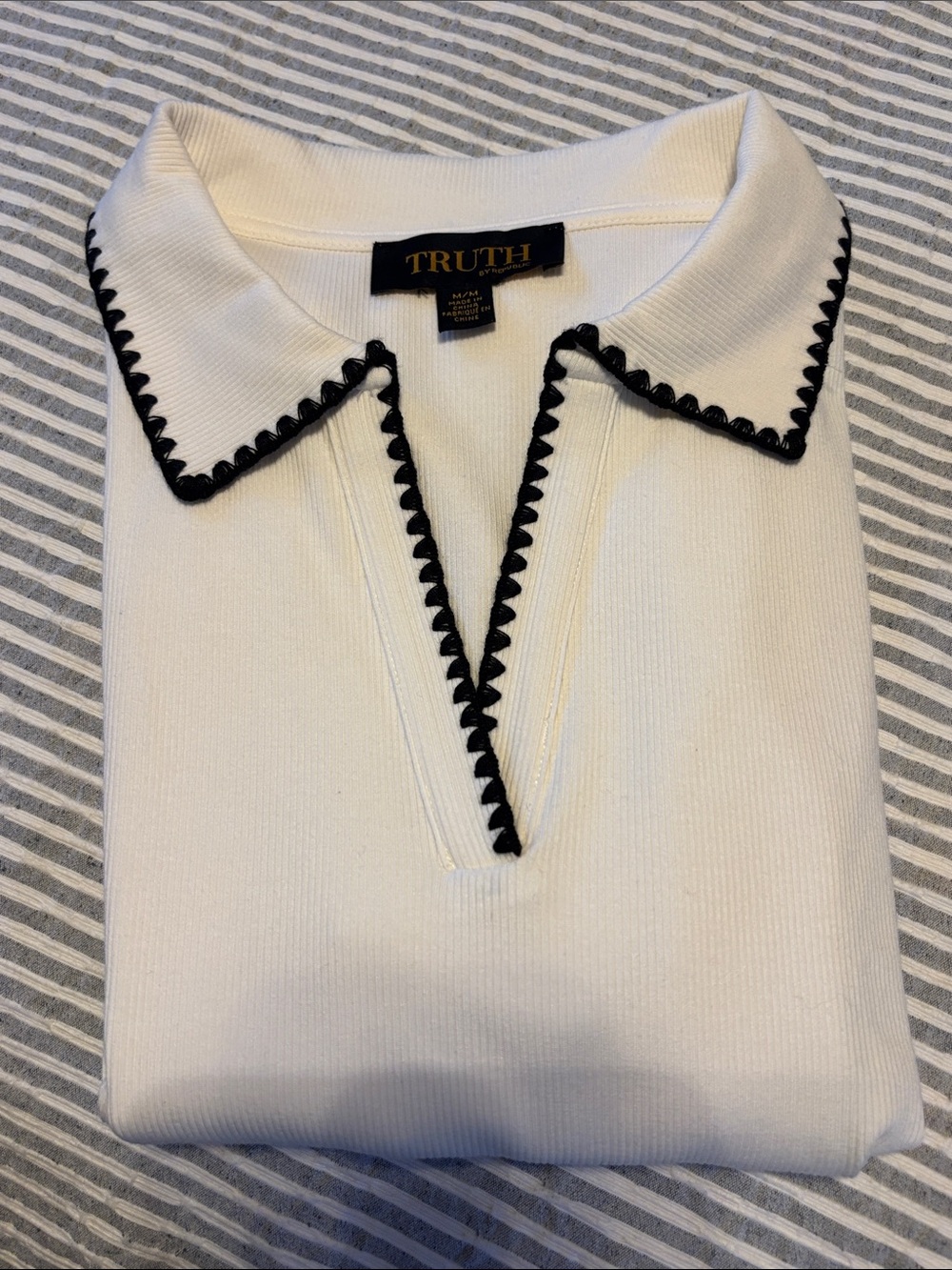 Truly Me Cream Short Sleeve Polo with Black Scalloped Trim